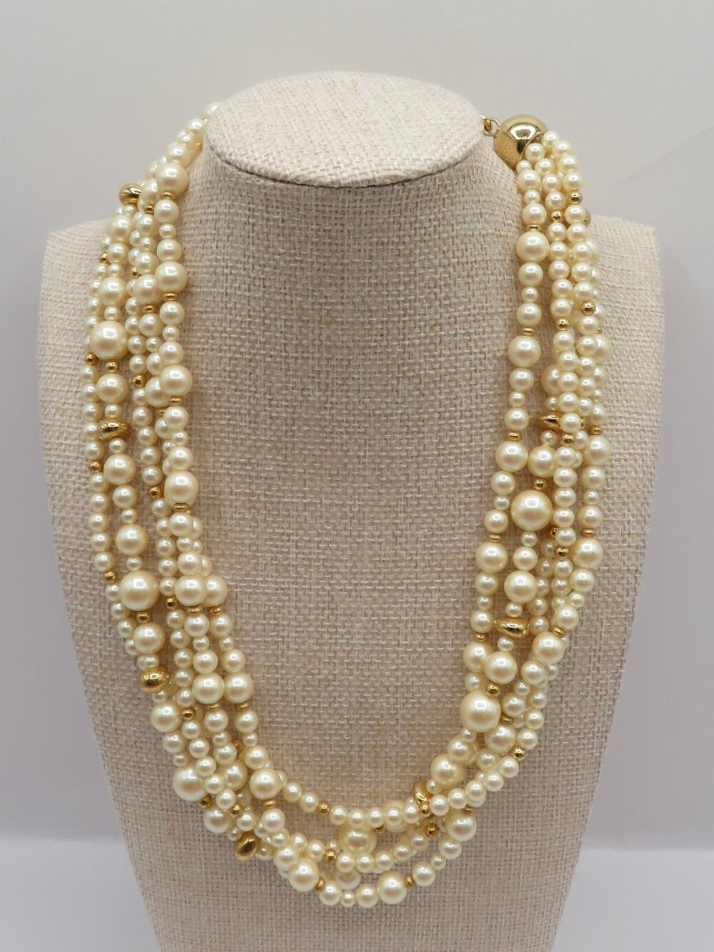 Vintage Monet Faux Pearl Gold Tone Accent Beaded Multi Strand Necklace